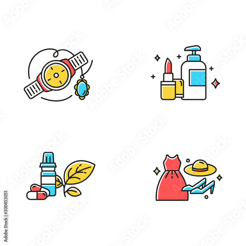 E commerce departments color icons set. Online shopping categories. Beauty and personal skin care. Female fashion. Jewelry and watches. Health products. Isolated vector illustrations