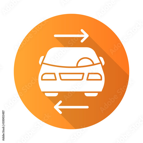 Shared car service orange flat design long shadow glyph icon. Vehicle for rent. Carpooling. Ride sharing. Carshare. Lift sharing. Road transport. Driver work. Parking. Vector silhouette illustration