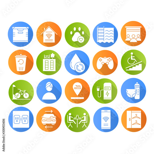 Apartment amenities flat design long shadow glyph icons set. Residential services. Comfortable house signs. Luxuries for dwelling inhabitants. Property conveniences. Vector silhouette illustration
