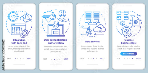 Software development onboarding mobile app page screen vector template. Application programming. Walkthrough website steps with linear illustrations. UX, UI, GUI smartphone interface concept