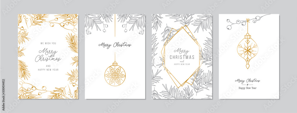 Golden and silver Christmas cards set with hand drawn tree branches and berries. Doodles and sketches vector illustrations, DIN A6 - obrazy, fototapety, plakaty 