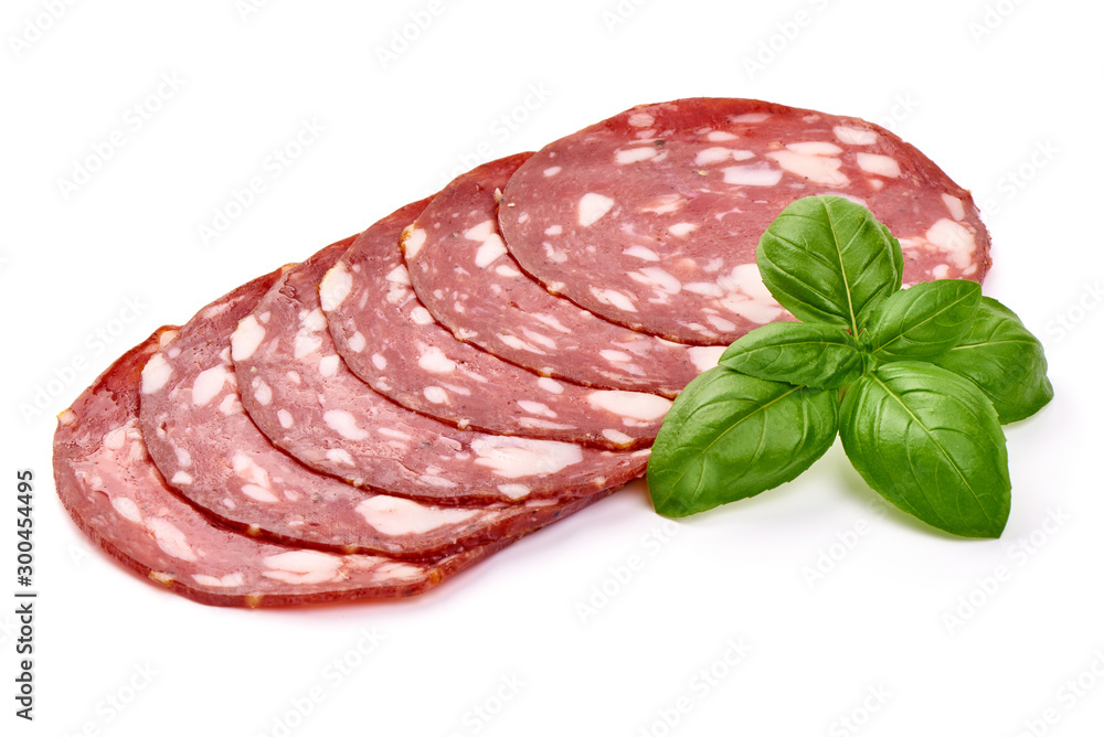 Sliced Milano salami, traditional dried sausage, jerked meat, isolated on white background Sliced Milano salami, traditional dried sausage, jerked meat, isolated on white background