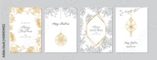 Golden and silver Christmas cards set with hand drawn tree branches and berries. Doodles and sketches vector illustrations, DIN A6