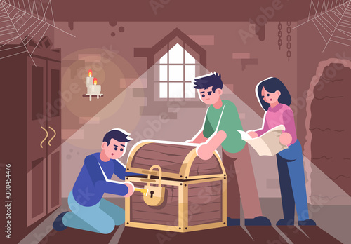 Friends opening closed chest flat vector illustration. People in escape room, woman and men solving mystery cartoon characters. Logic team game, modern entertainment, treasure hunt