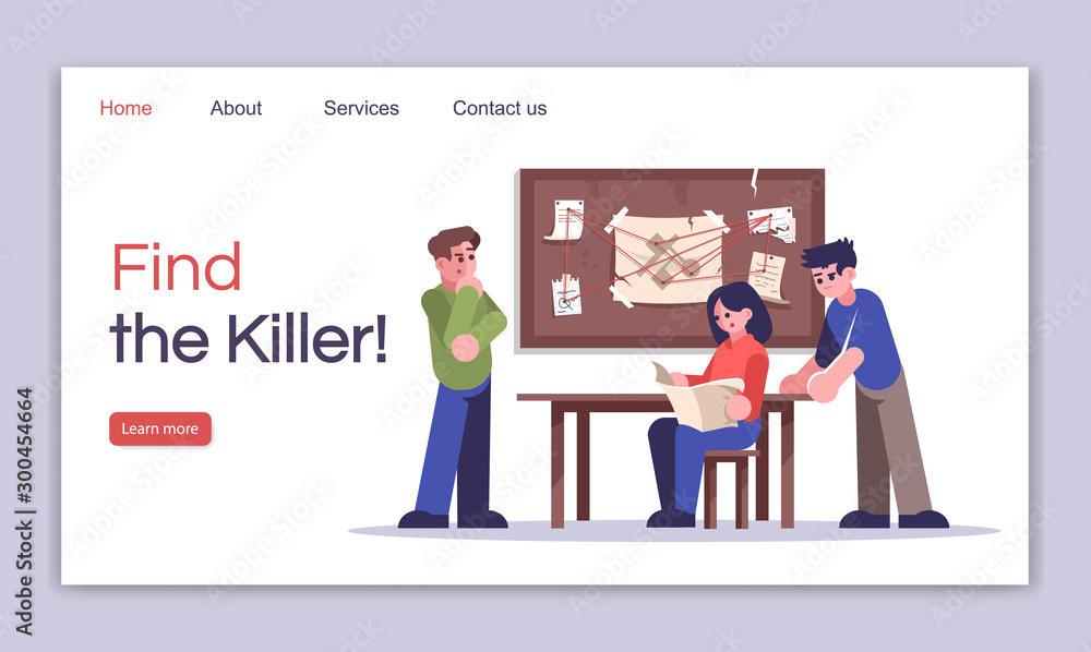 Find killer landing page vector template. Criminal quest room website interface idea with flat illustrations. Investigating murder homepage layout. Logic game web banner, webpage cartoon concept
