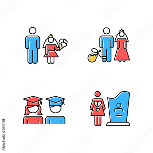 Gender equality color icons set. Child marriage. Education equality. Couple relationship. Forced marriage. College graduate. Maternal mortality. Death, grieving. Isolated vector illustrations