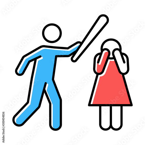 Violence against woman color icons set. Female abuse, harassment, bullying. Man raise hand, husband punch wife. Couple toxic relationship. Fear, crying, inequality. Isolated vector illustrations