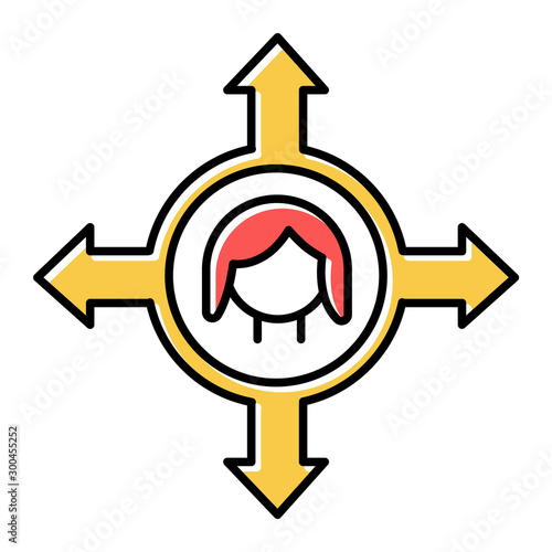 Women's freedom of movement color icon. Female human right. Gender equality. Woman empowerment, feminism. Freedom of making choices. Right to choose, make decision. Isolated vector illustration
