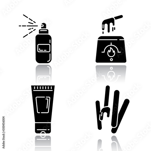 Waxing tools drop shadow black glyph icons set. Hot, soft wax strips with spatula. Hair removal equipment. Body lotion for depilation. Professional cosmetics. Isolated vector illustrations