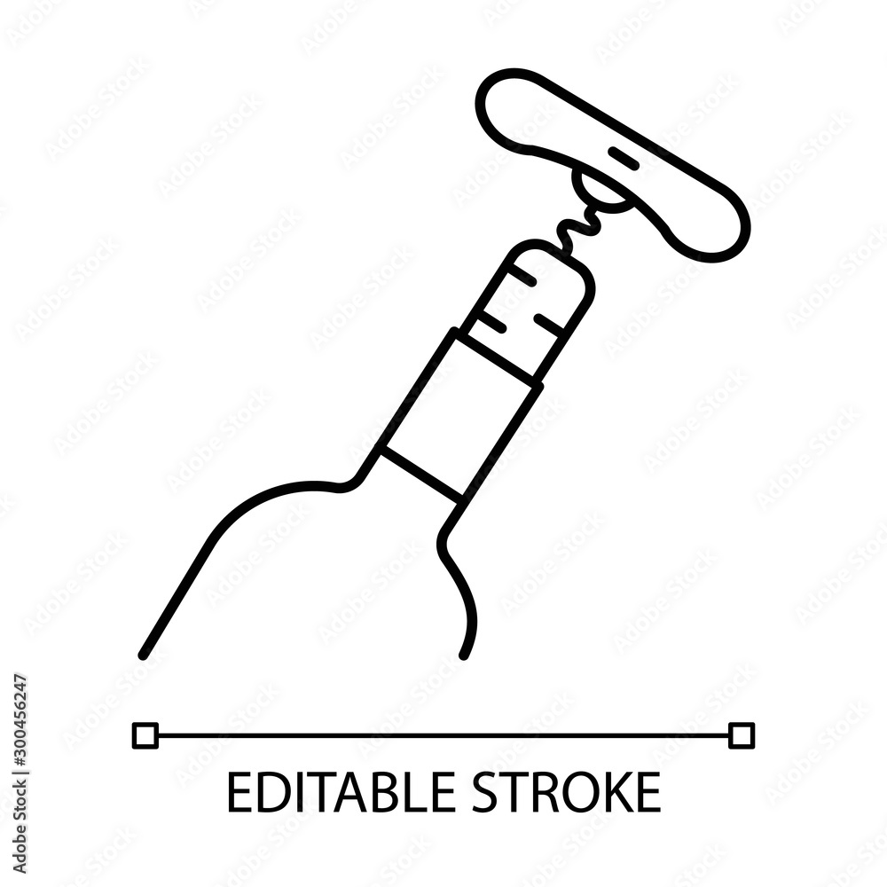 Bottle with cork and corkscrew linear icon. Wine service thin line illustration. Winery tool contour symbol. Alcohol beverage, aperitif, drink. Vector isolated outline drawing. Editable stroke Bottle with cork and corkscrew linear icon. Wine service thin line illustration. Winery tool contour symbol. Alcohol beverage, aperitif, drink. Vector isolated outline drawing. Editable stroke