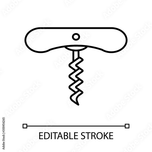 Wine corkscrew with spiral linear icon. Bottle opening tool thin line illustration. Barman and sommelier equipment contour symbol. Cork remover. Vector isolated outline drawing. Editable stroke