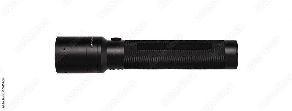 modern black metal flashlight isolated on white modern black metal flashlight isolated on white