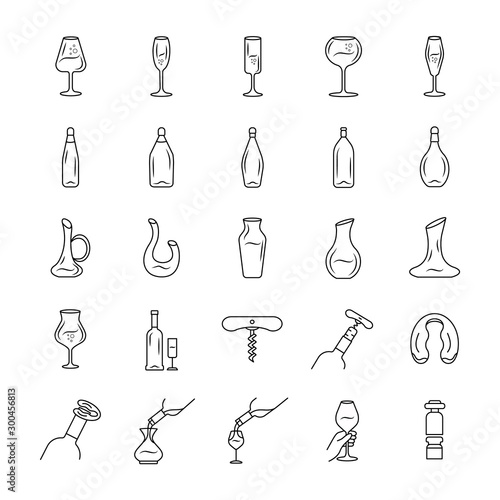 Wine service linear icons set. Aperitif drink bottle thin line contour symbols. Alcohol beverage pouring in glass. Isolated vector outline illustrations. Editable stroke
