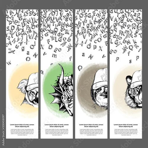 Bookmarks templates with exotic animals and letters. Modern sketch artwork on white background