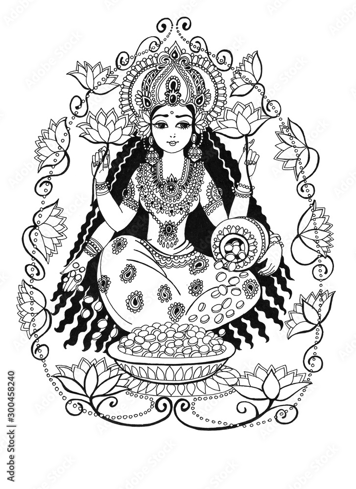 Goddess Lakshmi sits with a jug of coins among lotus flowers, black line drawing on a white background. Goddess Lakshmi, prosperity, beauty, prosperity, abundance. Goddess Lakshmi sits with a jug of coins among lotus flowers, black line drawing on a white background. Goddess Lakshmi, prosperity, beauty, prosperity, abundance.