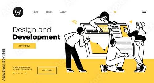 Presentation slide template or landing page website design. Business concept illustrations. Modern flat outline style. Design And Development