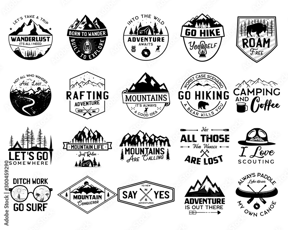 Vintage camp logo bundle, mountain badges set. Hand drawn labels designs. Travel expedition, canoe, wanderlust and hiking. Outdoor emblems. Logotypes collection. Stock vector isolated on white - obrazy, fototapety, plakaty 