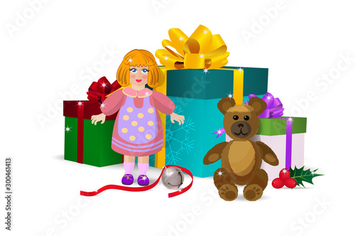 Christmas gifts for kids. Doll, Teddy bear, surprises in boxes, sequins, bell. Isolated on white background. Vector illustration.