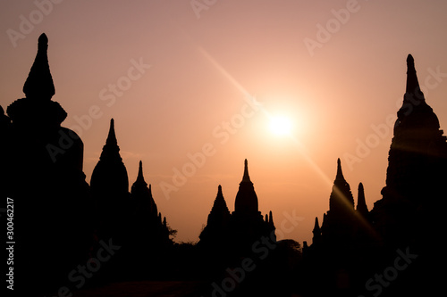 silhouette of temple at sunset in bagan