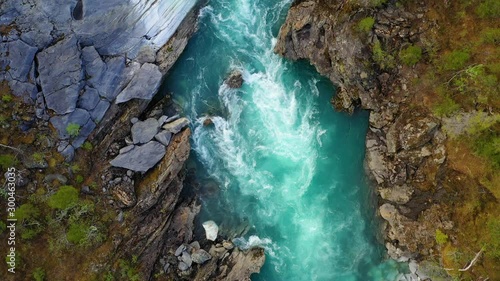 Aerial Vertical View Over The Surface Of A Mountain River Glomaga, Marmorslottet , Mo i Rana