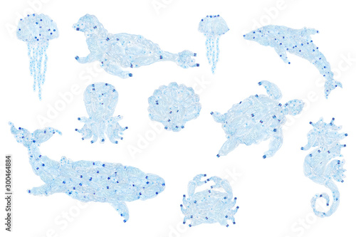 Photography Ocean animals silhouettes from blue crumpled bottle- plastic