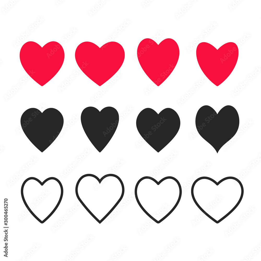 Heart icons set. Love concepts. Flat design and line design styles. Black and red colors. Vector hearts
