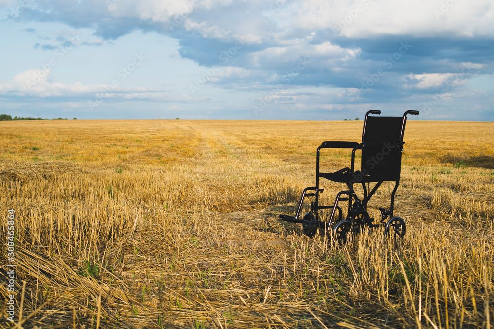 Empty wheelchair in a wide meadow. disabled carriage in nature. medical equipment for invalid person Empty wheelchair in a wide meadow. disabled carriage in nature. medical equipment for invalid person