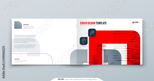 Horizontal Red Brochure Design. A4 Cover Template for Brochure, Report, Catalog, Magazine. Landscape Brochure Layout with Bright Color Shapes and Abstract Photo on Background. Modern Brochure concept