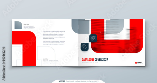 Horizontal Red Brochure Design. A4 Cover Template for Brochure, Report, Catalog, Magazine. Landscape Brochure Layout with Bright Color Shapes and Abstract Photo on Background. Modern Brochure concept