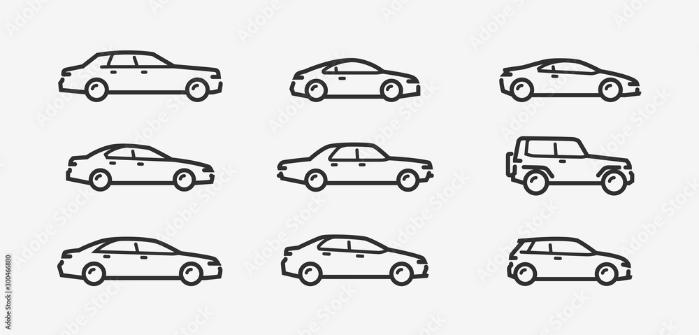 Car icon set. Transport, transportation symbol in linear style. Vector illustration - obrazy, fototapety, plakaty 