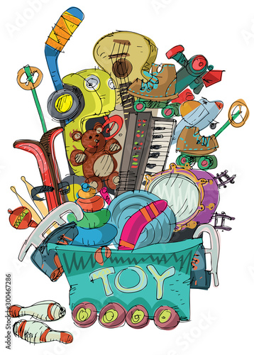 A cute wheeled toys box overloaded with huge pile of toys. Cartoon. Caricature.