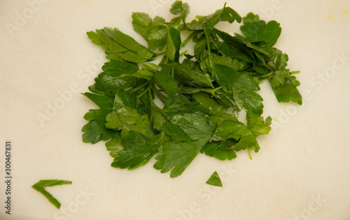 cutting parsley in the kitchen