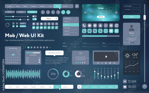 Flat Mobile Web UI Kit. Universal user interface for designing responsive websites, mobile apps. Gradient background. Different UX, GUI screens with buttons, slider, menu template. Modern space style.
