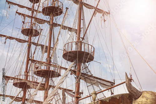 mast of an ancient sailing pirate ship closeup