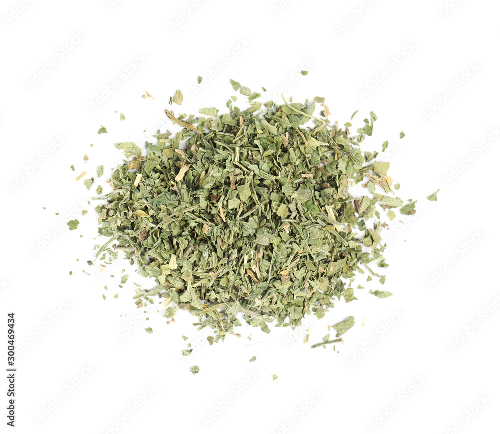 Heap of dried parsley on white background, top view Heap of dried parsley on white background, top view