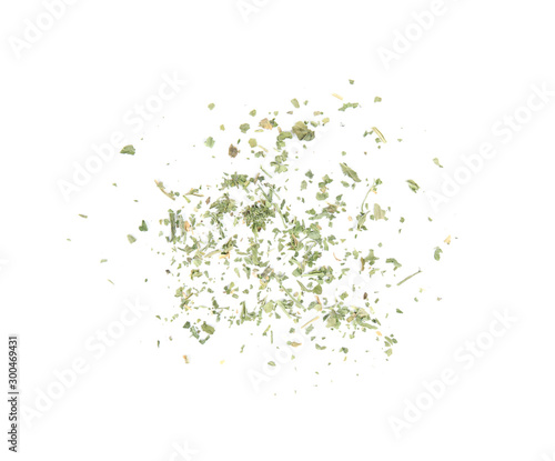 Scattered dried parsley on white background, top view