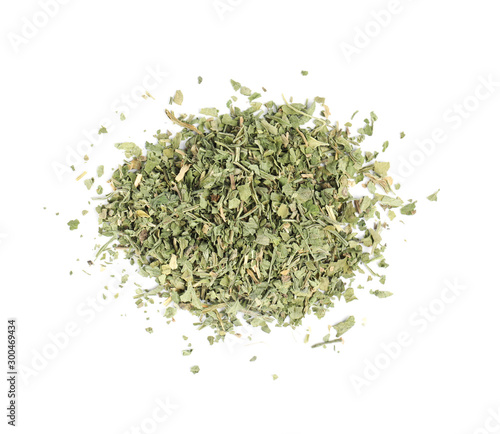 Heap of dried parsley on white background, top view
