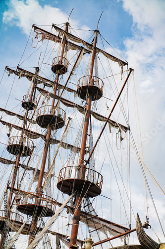 mast of an ancient sailing pirate ship closeup