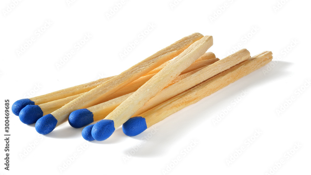 Heap of 7 matches with blue heads colour can be changed using hue saturation tool isolated on white background Heap of 7 matches with blue heads colour can be changed using hue saturation tool isolated on white background