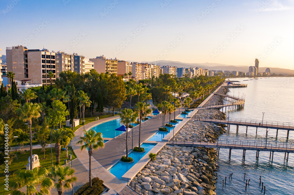 Republic of Cyprus. The Seafront Of Limassol. Walking area near the Mediterranean sea. Tourist part of Limassol. Promenade by the sea. Dawn in Cyprus.