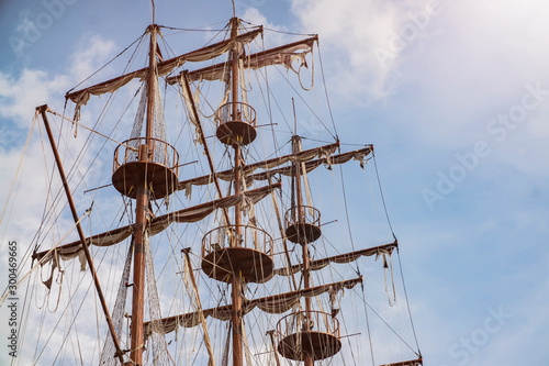 mast of an ancient sailing pirate ship closeup