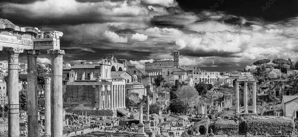 View of the Roman Forum ancient monuments and Coliseum from Capitoline Hill in Rome (Black and White)