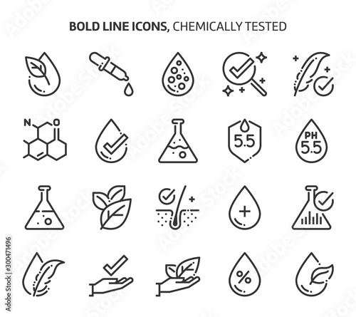 Chemically tested related, bold line icons. The illustrations are about, skin, dermatology, cosmetics, allergy, ph values.