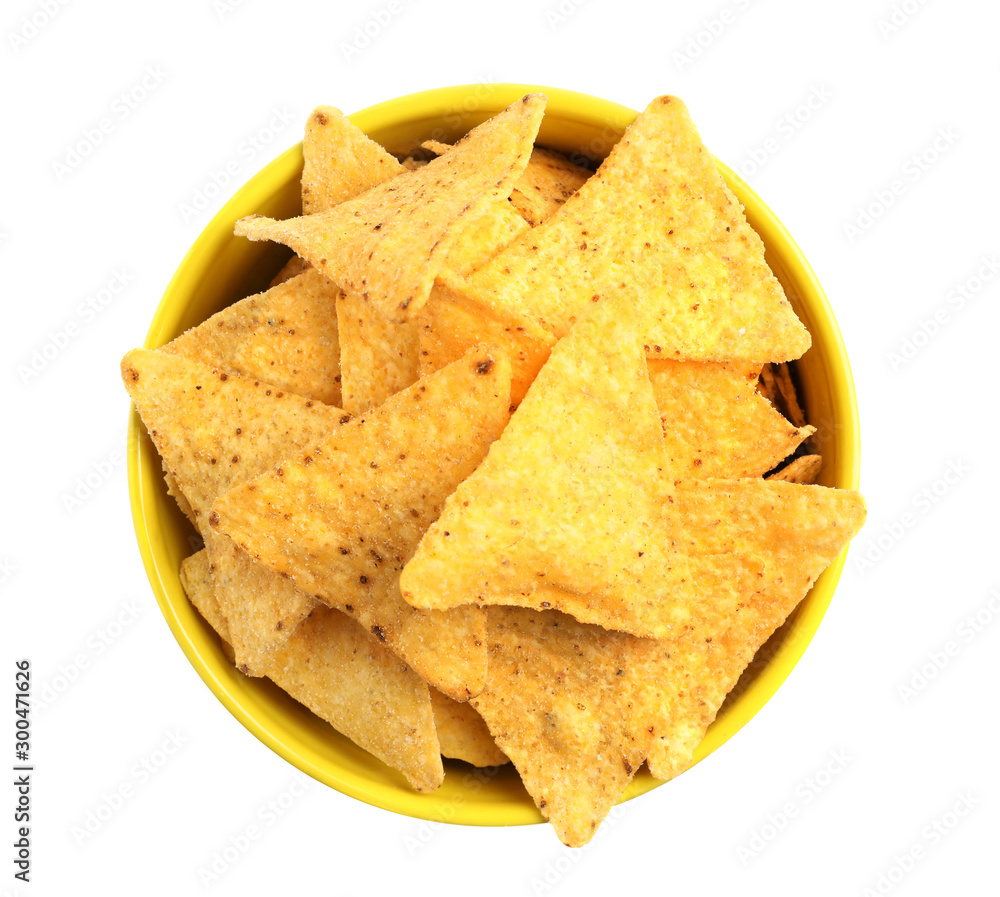 Yellow bowl with tasty Mexican nachos chips on white background, top view Yellow bowl with tasty Mexican nachos chips on white background, top view