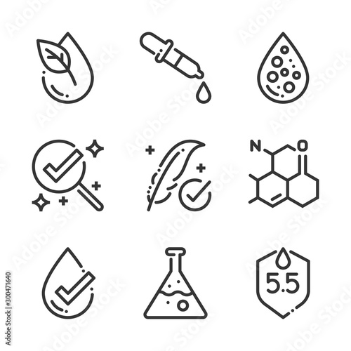 Chemically tested related, bold line icons. The illustrations are about, skin, dermatology, cosmetics, allergy, ph values.