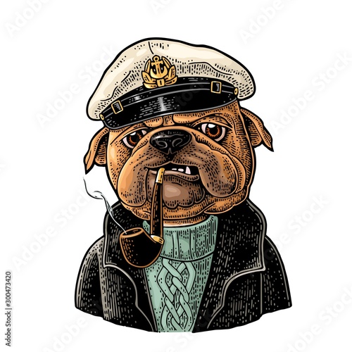Sea dog smoking pipe and dressed in captain hat. Engraving