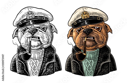 Sea dog smoking pipe and dressed in captain hat. Engraving