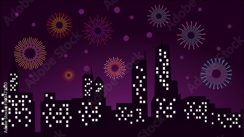 Night city fireworks.celebrated festive firecracker over town new year, carnival or independence day celebrate silhouette vector background
