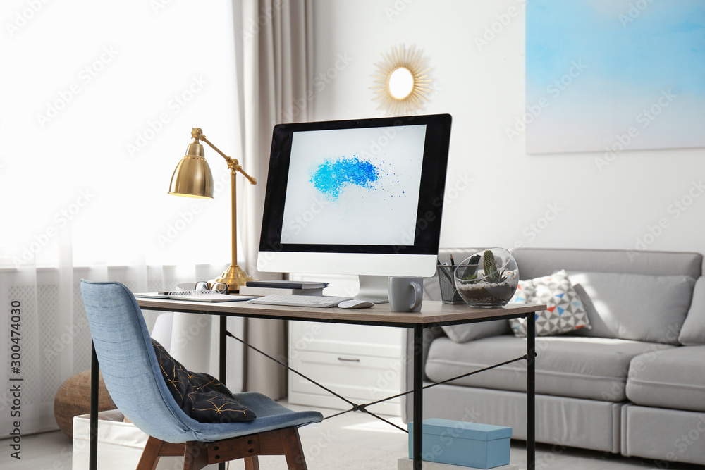 Comfortable workplace with modern computer on desk. Home office Comfortable workplace with modern computer on desk. Home office