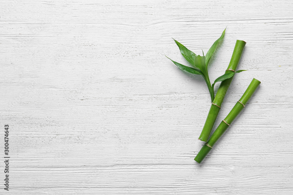Naklejka Zielony bambus pędy na białym tle drewnianych, widok z góry. Miejsce na tekst